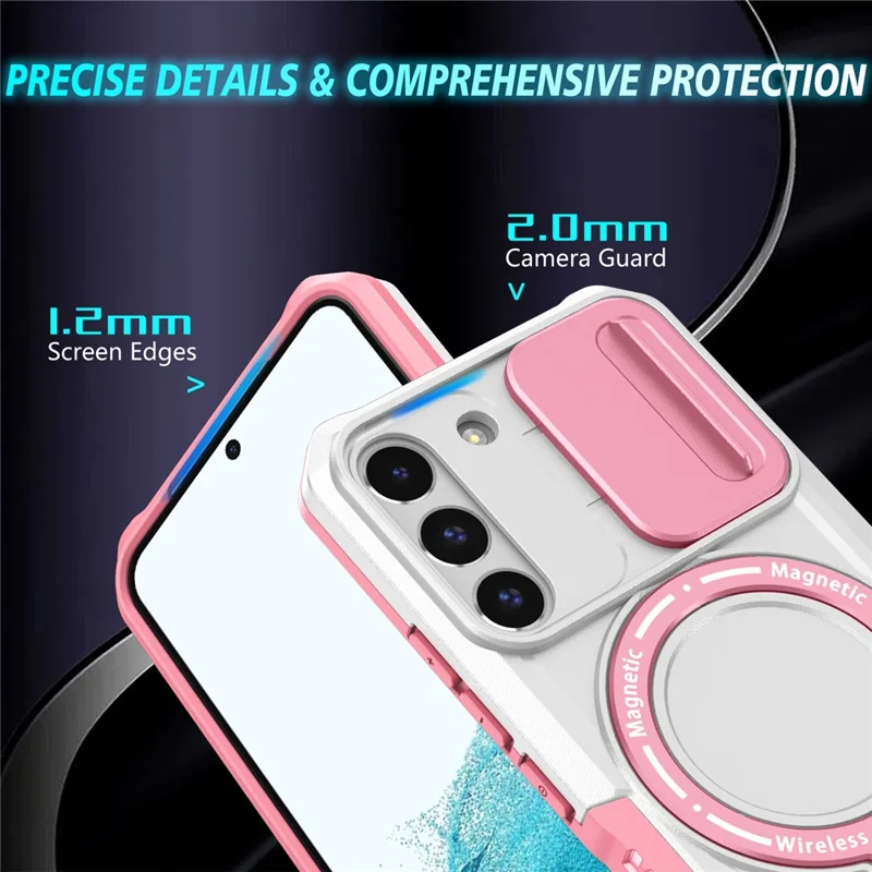 For Samsung Galaxy S22 5G Case PC+TPU Magnetic Phone Shell with Slide Camera Lid - Pink / White