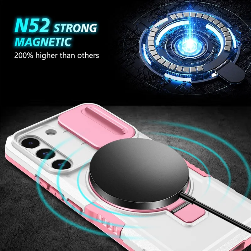 For Samsung Galaxy S22 5G Case PC+TPU Magnetic Phone Shell with Slide Camera Lid - Pink / White