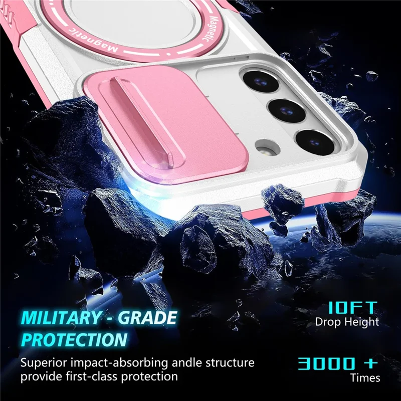 For Samsung Galaxy S22 5G Case PC+TPU Magnetic Phone Shell with Slide Camera Lid - Pink / White