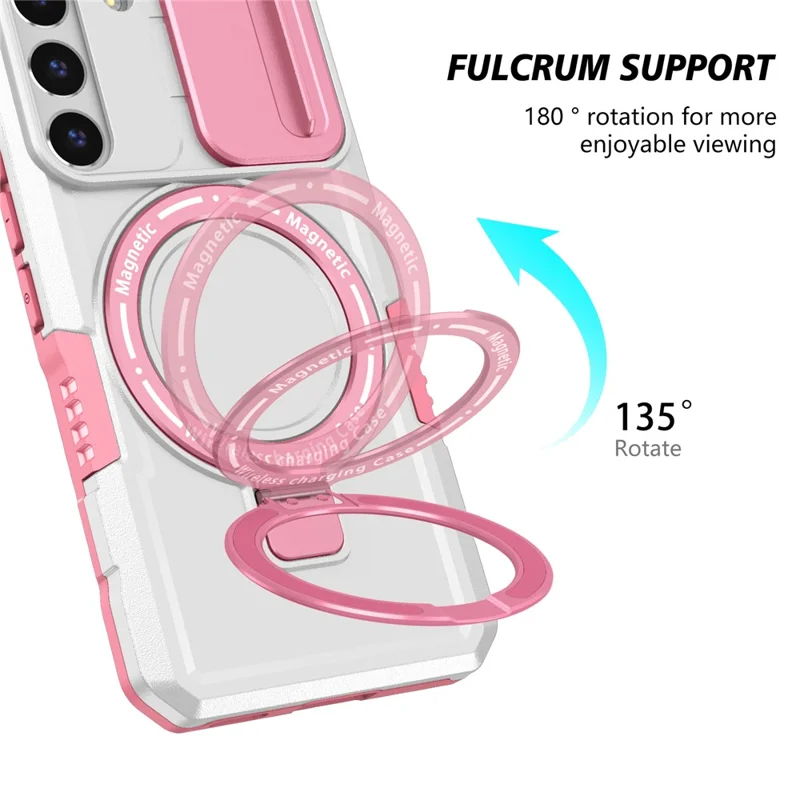For Samsung Galaxy S22 5G Case PC+TPU Magnetic Phone Shell with Slide Camera Lid - Pink / White