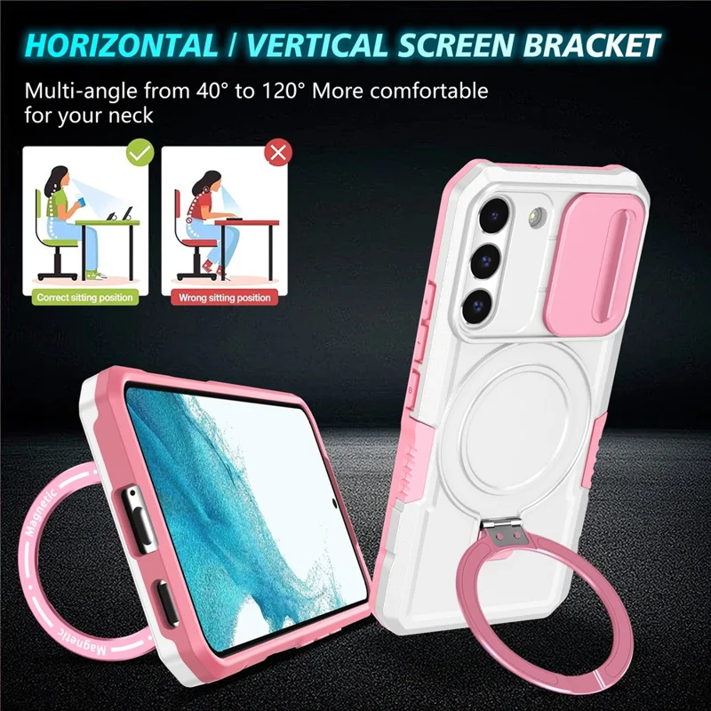 For Samsung Galaxy S22 5G Case PC+TPU Magnetic Phone Shell with Slide Camera Lid - Pink / White