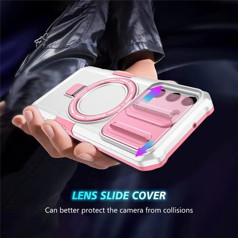 For Samsung Galaxy S22 5G Case PC+TPU Magnetic Phone Shell with Slide Camera Lid - Pink / White