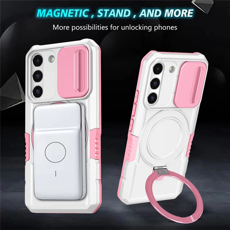 For Samsung Galaxy S22 5G Case PC+TPU Magnetic Phone Shell with Slide Camera Lid - Pink / White