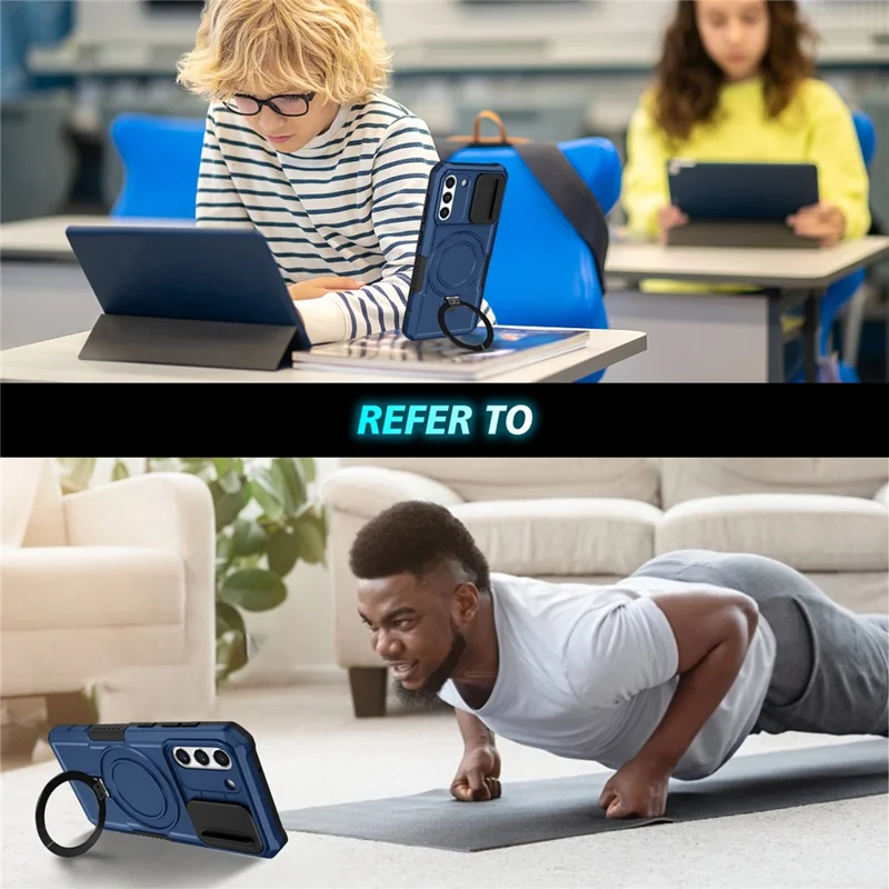 For Samsung Galaxy S21 FE 5G Case PC+TPU Magnetic Phone Shell with Slide Camera Cover - Sapphire