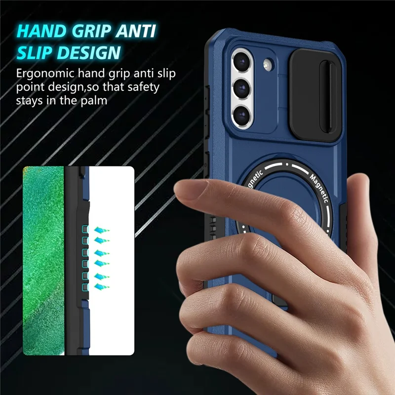 For Samsung Galaxy S21 FE 5G Case PC+TPU Magnetic Phone Shell with Slide Camera Cover - Sapphire