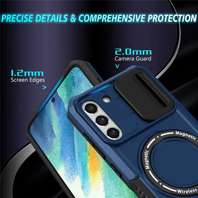 For Samsung Galaxy S21 FE 5G Case PC+TPU Magnetic Phone Shell with Slide Camera Cover - Sapphire