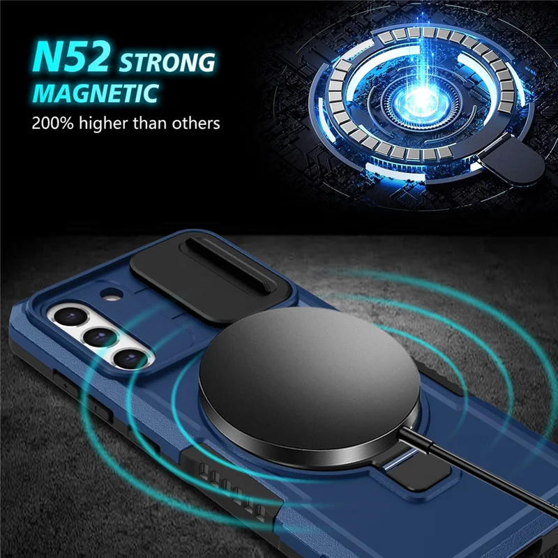 For Samsung Galaxy S21 FE 5G Case PC+TPU Magnetic Phone Shell with Slide Camera Cover - Sapphire