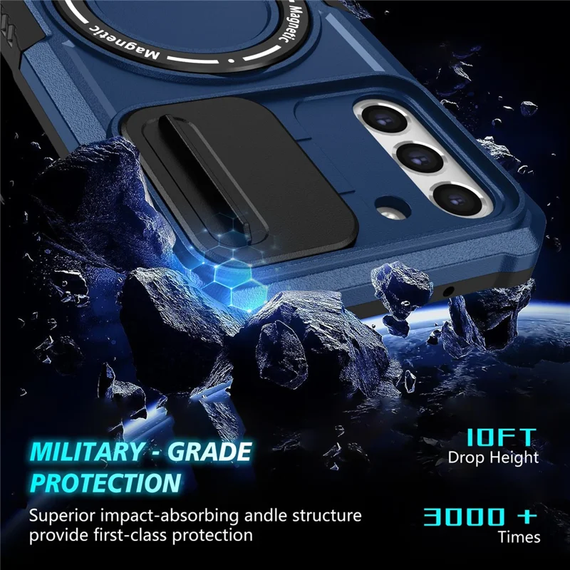 For Samsung Galaxy S21 FE 5G Case PC+TPU Magnetic Phone Shell with Slide Camera Cover - Sapphire