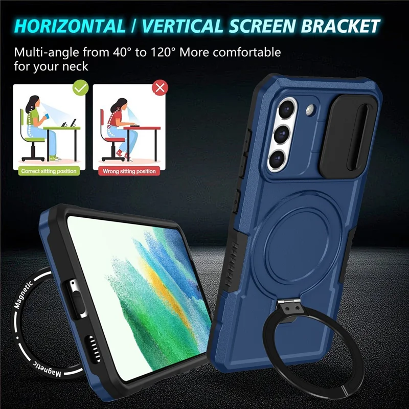 For Samsung Galaxy S21 FE 5G Case PC+TPU Magnetic Phone Shell with Slide Camera Cover - Sapphire