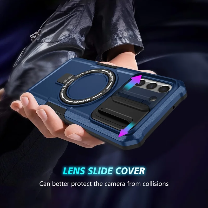 For Samsung Galaxy S21 FE 5G Case PC+TPU Magnetic Phone Shell with Slide Camera Cover - Sapphire