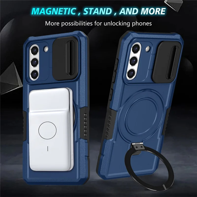 For Samsung Galaxy S21 FE 5G Case PC+TPU Magnetic Phone Shell with Slide Camera Cover - Sapphire