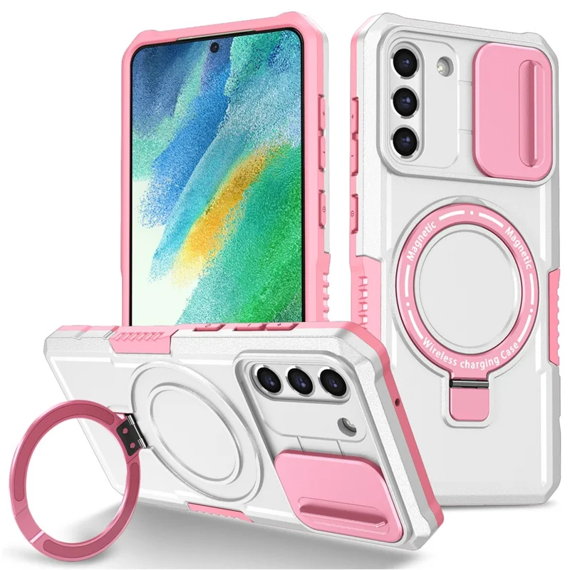For Samsung Galaxy S21 FE 5G Case PC+TPU Magnetic Phone Shell with Slide Camera Cover - Pink  /  White