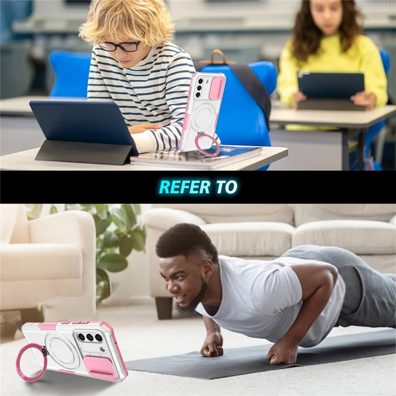 For Samsung Galaxy S21 FE 5G Case PC+TPU Magnetic Phone Shell with Slide Camera Cover - Pink  /  White