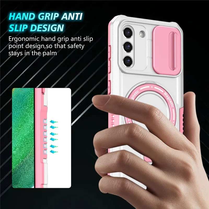For Samsung Galaxy S21 FE 5G Case PC+TPU Magnetic Phone Shell with Slide Camera Cover - Pink  /  White