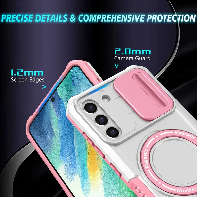 For Samsung Galaxy S21 FE 5G Case PC+TPU Magnetic Phone Shell with Slide Camera Cover - Pink  /  White