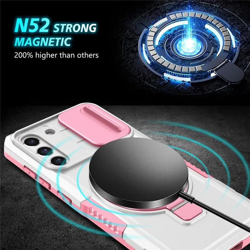 For Samsung Galaxy S21 FE 5G Case PC+TPU Magnetic Phone Shell with Slide Camera Cover - Pink  /  White