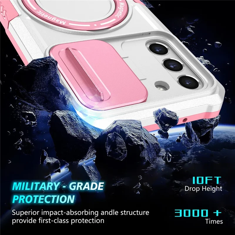 For Samsung Galaxy S21 FE 5G Case PC+TPU Magnetic Phone Shell with Slide Camera Cover - Pink  /  White