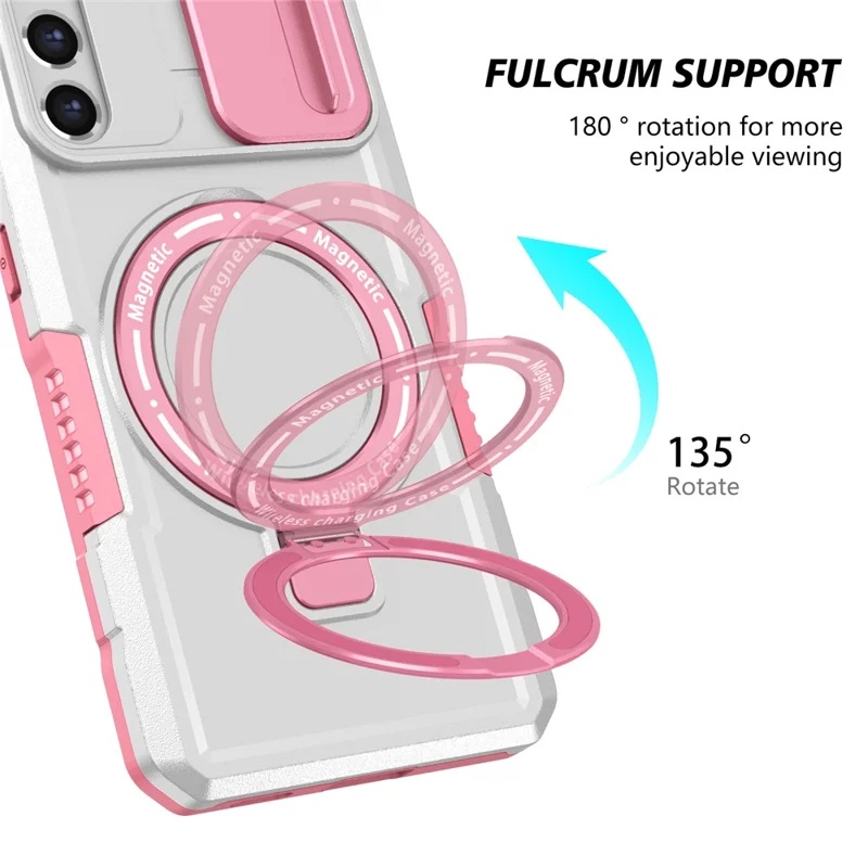 For Samsung Galaxy S21 FE 5G Case PC+TPU Magnetic Phone Shell with Slide Camera Cover - Pink  /  White