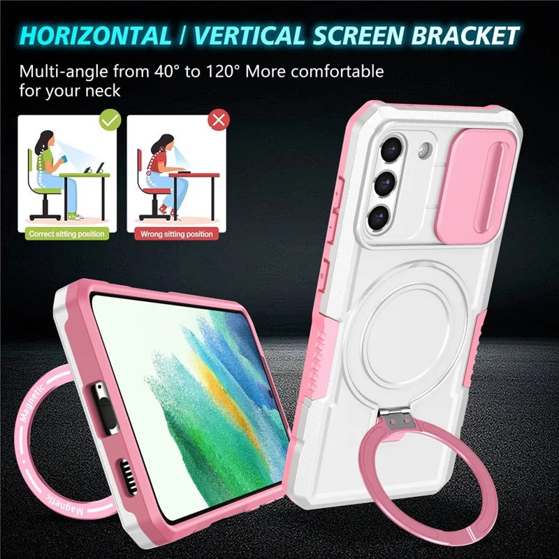 For Samsung Galaxy S21 FE 5G Case PC+TPU Magnetic Phone Shell with Slide Camera Cover - Pink  /  White