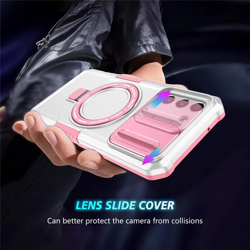 For Samsung Galaxy S21 FE 5G Case PC+TPU Magnetic Phone Shell with Slide Camera Cover - Pink  /  White