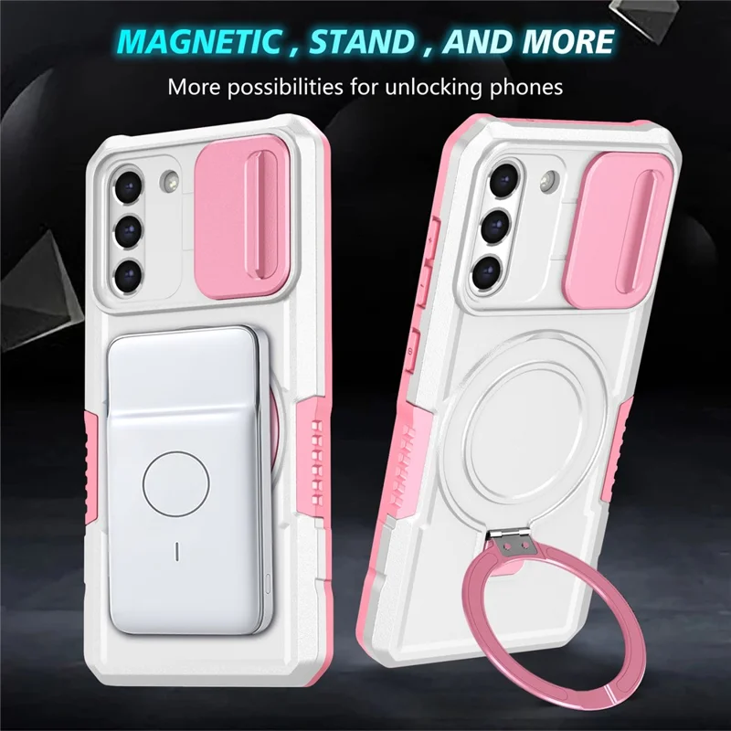 For Samsung Galaxy S21 FE 5G Case PC+TPU Magnetic Phone Shell with Slide Camera Cover - Pink  /  White
