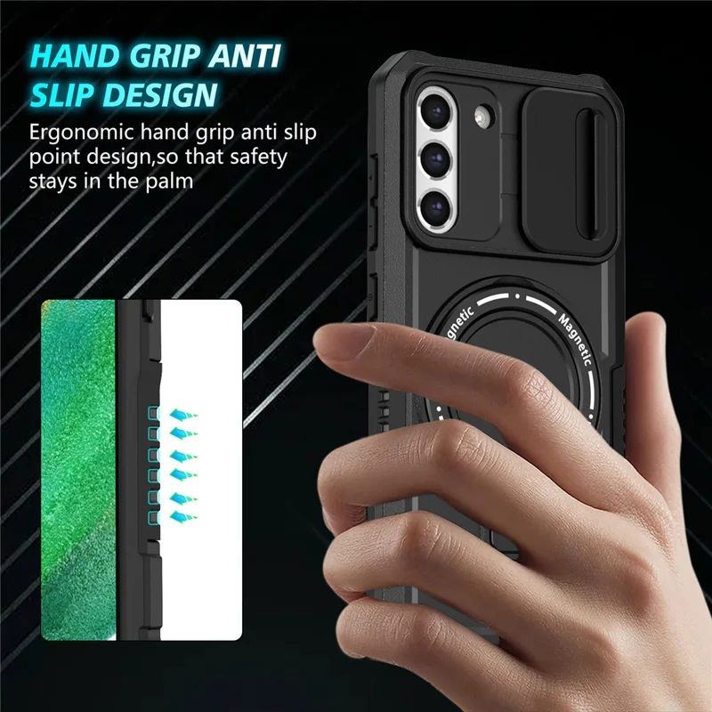 For Samsung Galaxy S21 FE 5G Case PC+TPU Magnetic Phone Shell with Slide Camera Cover - Black