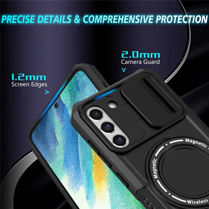 For Samsung Galaxy S21 FE 5G Case PC+TPU Magnetic Phone Shell with Slide Camera Cover - Black