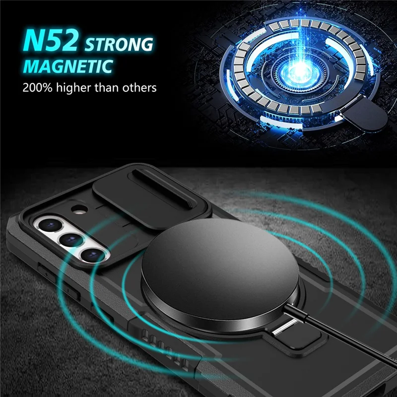For Samsung Galaxy S21 FE 5G Case PC+TPU Magnetic Phone Shell with Slide Camera Cover - Black