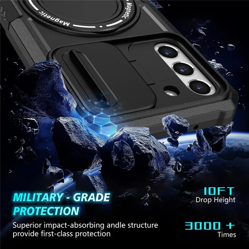 For Samsung Galaxy S21 FE 5G Case PC+TPU Magnetic Phone Shell with Slide Camera Cover - Black