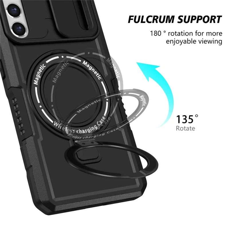 For Samsung Galaxy S21 FE 5G Case PC+TPU Magnetic Phone Shell with Slide Camera Cover - Black