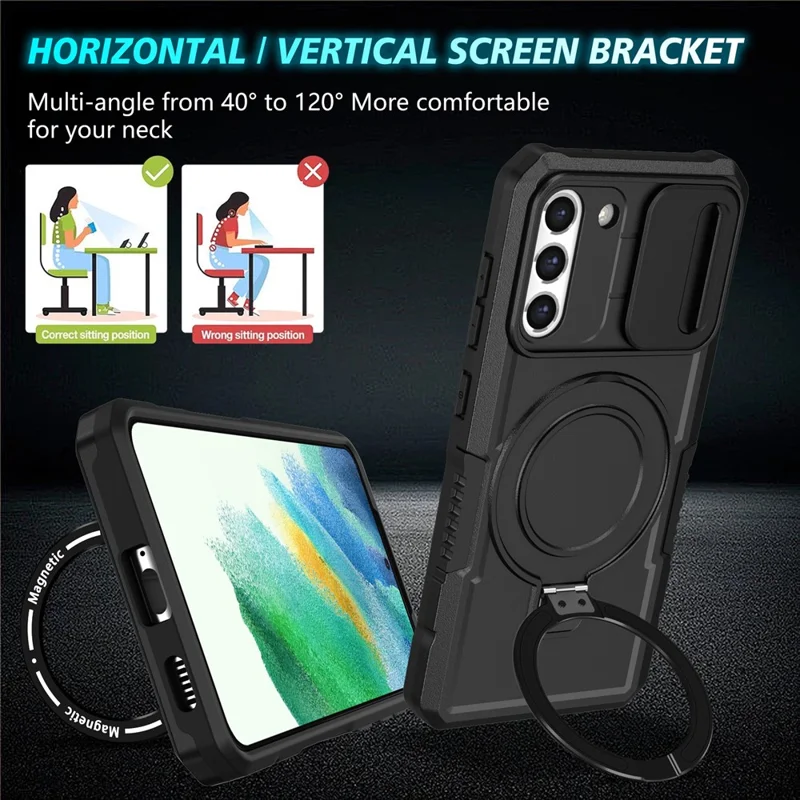 For Samsung Galaxy S21 FE 5G Case PC+TPU Magnetic Phone Shell with Slide Camera Cover - Black