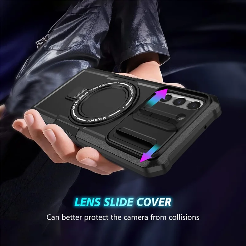 For Samsung Galaxy S21 FE 5G Case PC+TPU Magnetic Phone Shell with Slide Camera Cover - Black