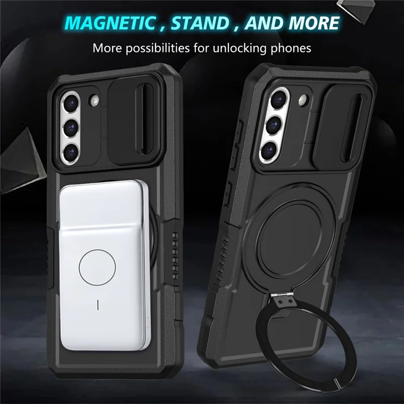 For Samsung Galaxy S21 FE 5G Case PC+TPU Magnetic Phone Shell with Slide Camera Cover - Black