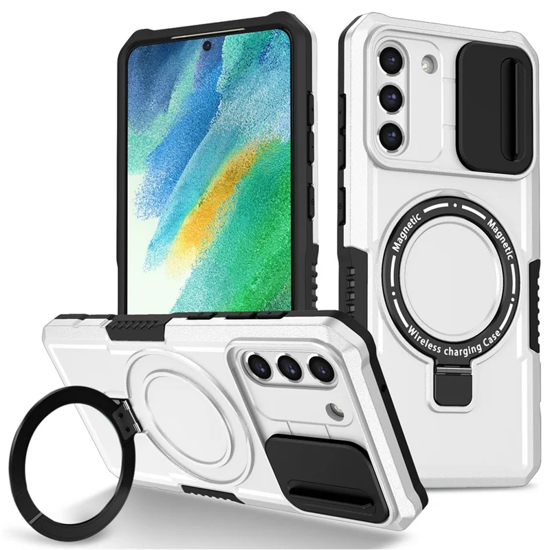 For Samsung Galaxy S21 FE 5G Case PC+TPU Magnetic Phone Shell with Slide Camera Cover - Black  /  White