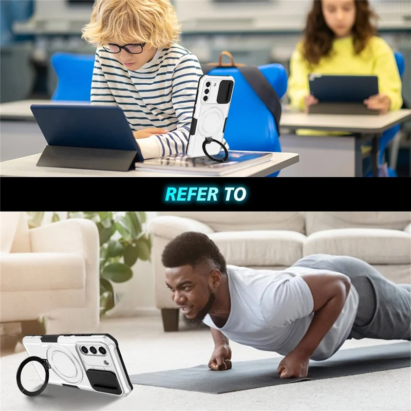 For Samsung Galaxy S21 FE 5G Case PC+TPU Magnetic Phone Shell with Slide Camera Cover - Black  /  White