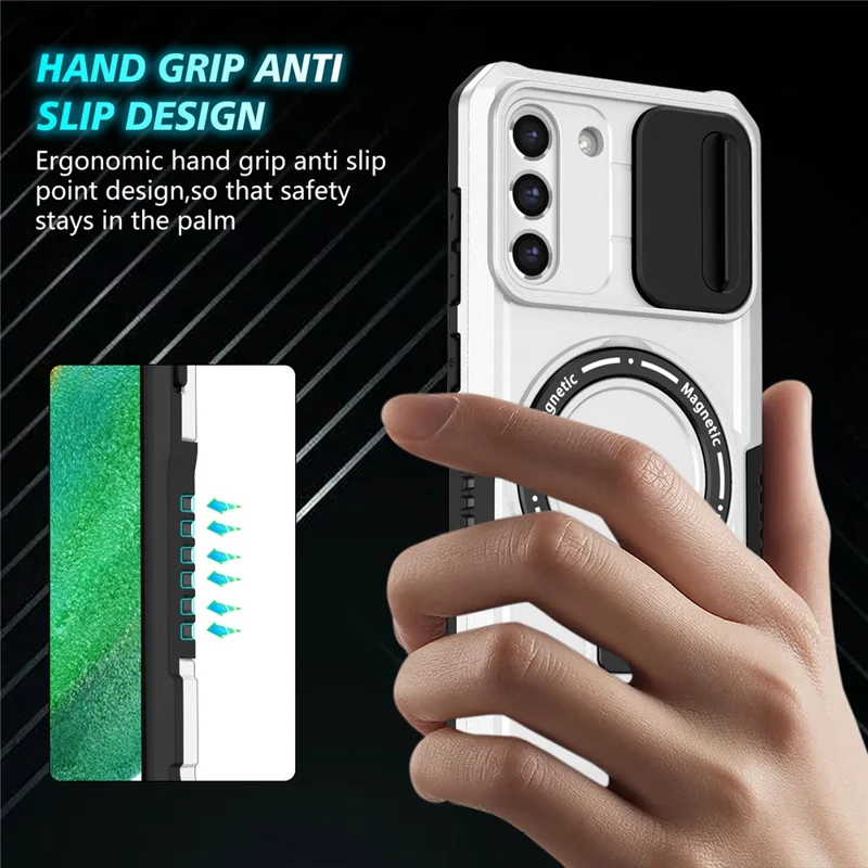 For Samsung Galaxy S21 FE 5G Case PC+TPU Magnetic Phone Shell with Slide Camera Cover - Black  /  White