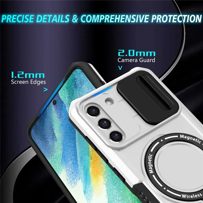For Samsung Galaxy S21 FE 5G Case PC+TPU Magnetic Phone Shell with Slide Camera Cover - Black  /  White