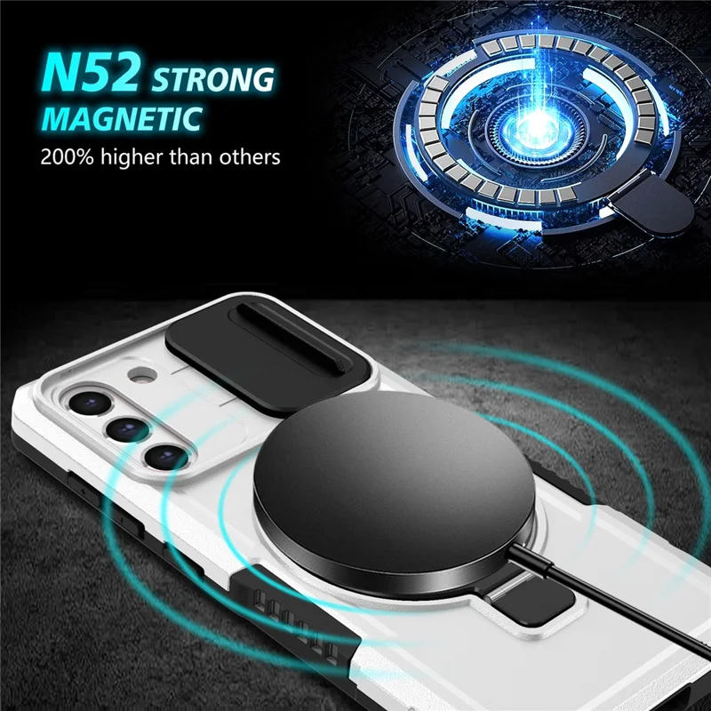 For Samsung Galaxy S21 FE 5G Case PC+TPU Magnetic Phone Shell with Slide Camera Cover - Black  /  White