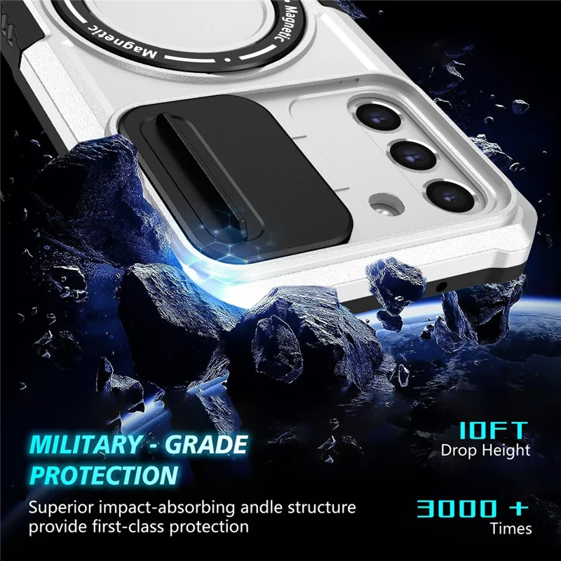 For Samsung Galaxy S21 FE 5G Case PC+TPU Magnetic Phone Shell with Slide Camera Cover - Black  /  White