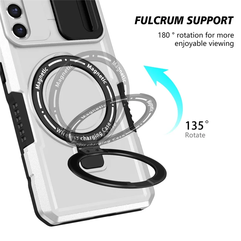 For Samsung Galaxy S21 FE 5G Case PC+TPU Magnetic Phone Shell with Slide Camera Cover - Black  /  White