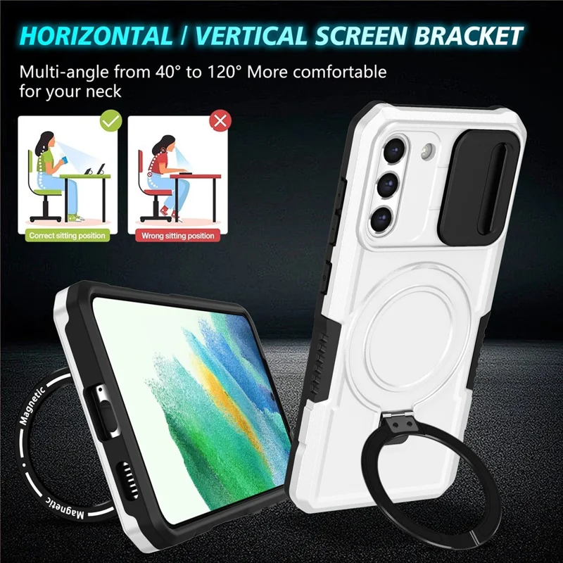 For Samsung Galaxy S21 FE 5G Case PC+TPU Magnetic Phone Shell with Slide Camera Cover - Black  /  White