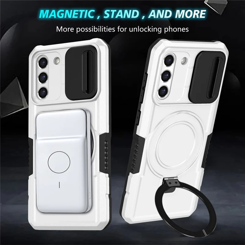 For Samsung Galaxy S21 FE 5G Case PC+TPU Magnetic Phone Shell with Slide Camera Cover - Black  /  White