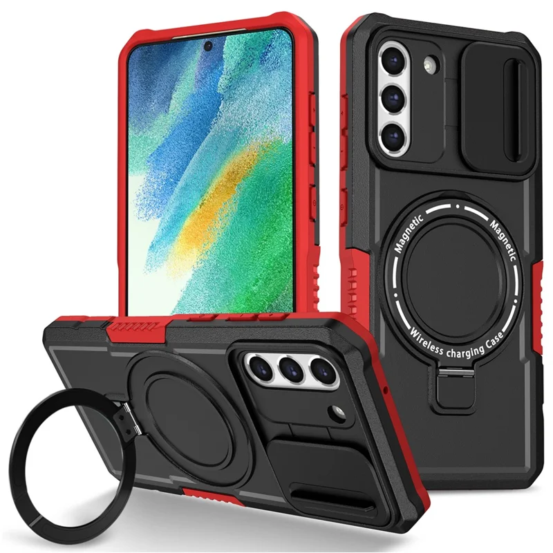 For Samsung Galaxy S21 FE 5G Case PC+TPU Magnetic Phone Shell with Slide Camera Cover - Red  /  Black