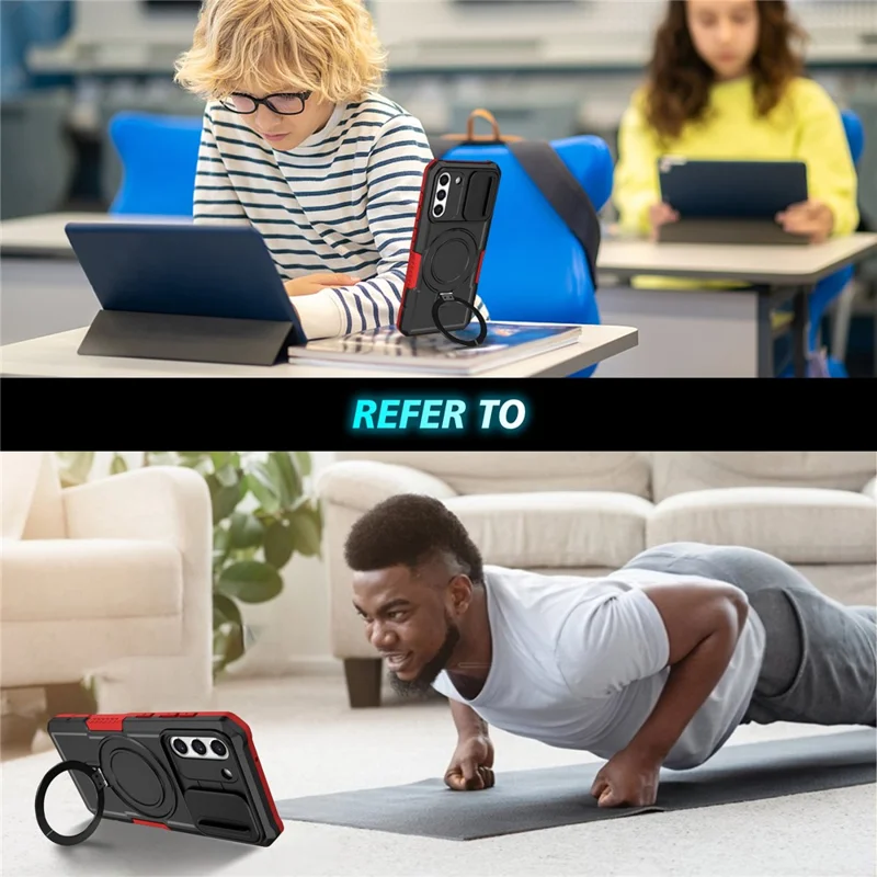 For Samsung Galaxy S21 FE 5G Case PC+TPU Magnetic Phone Shell with Slide Camera Cover - Red  /  Black