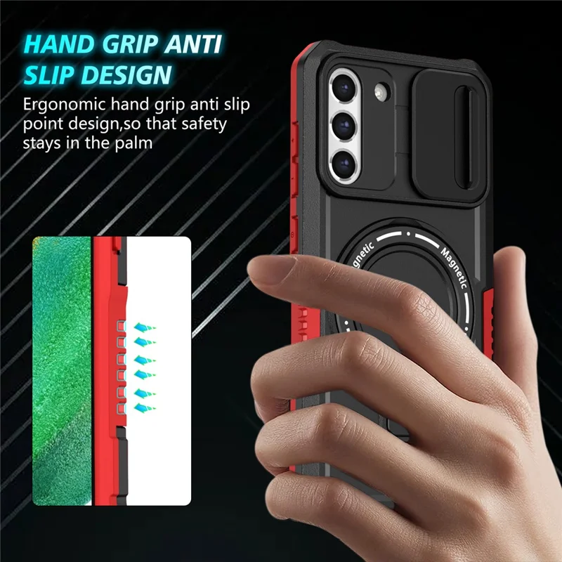 For Samsung Galaxy S21 FE 5G Case PC+TPU Magnetic Phone Shell with Slide Camera Cover - Red  /  Black