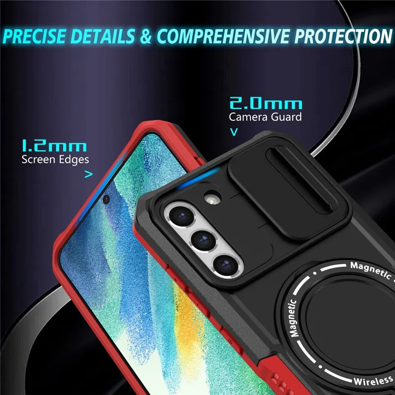 For Samsung Galaxy S21 FE 5G Case PC+TPU Magnetic Phone Shell with Slide Camera Cover - Red  /  Black