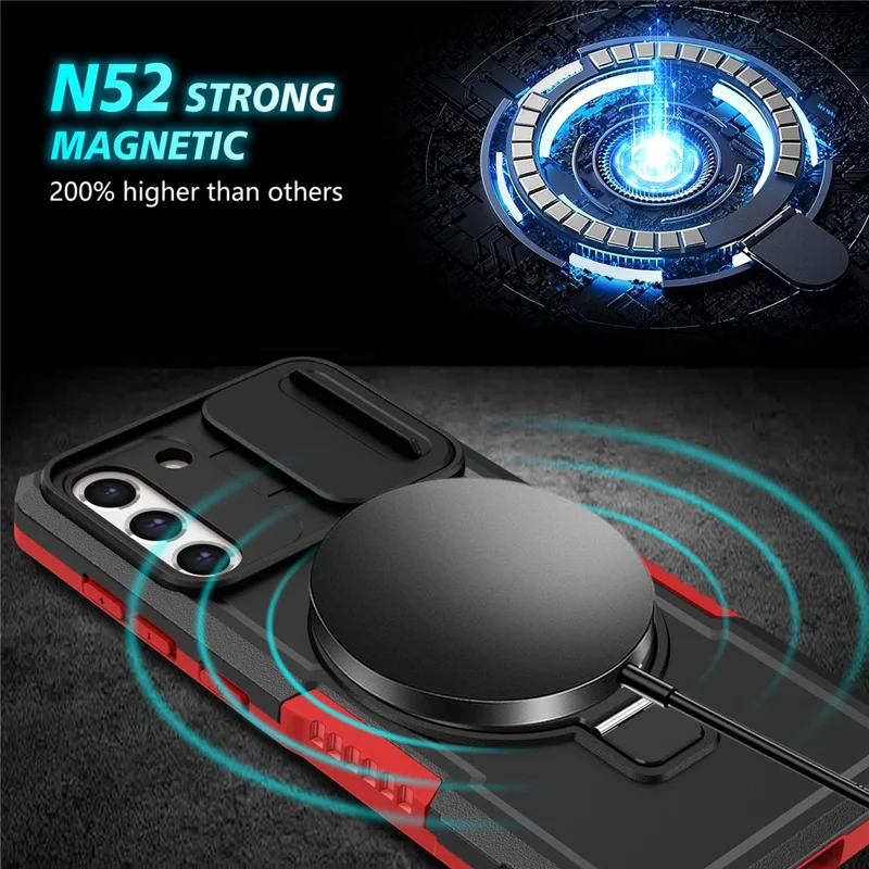 For Samsung Galaxy S21 FE 5G Case PC+TPU Magnetic Phone Shell with Slide Camera Cover - Red  /  Black
