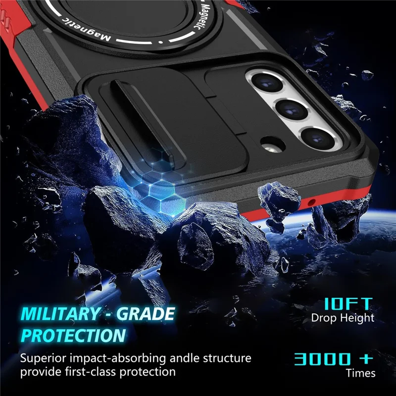 For Samsung Galaxy S21 FE 5G Case PC+TPU Magnetic Phone Shell with Slide Camera Cover - Red  /  Black