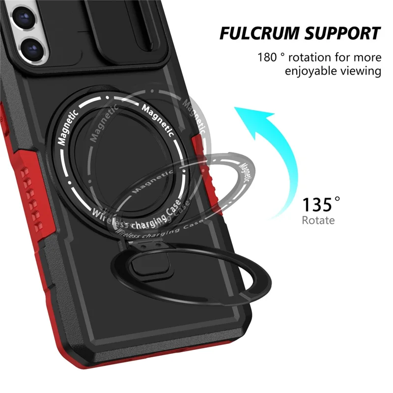 For Samsung Galaxy S21 FE 5G Case PC+TPU Magnetic Phone Shell with Slide Camera Cover - Red  /  Black