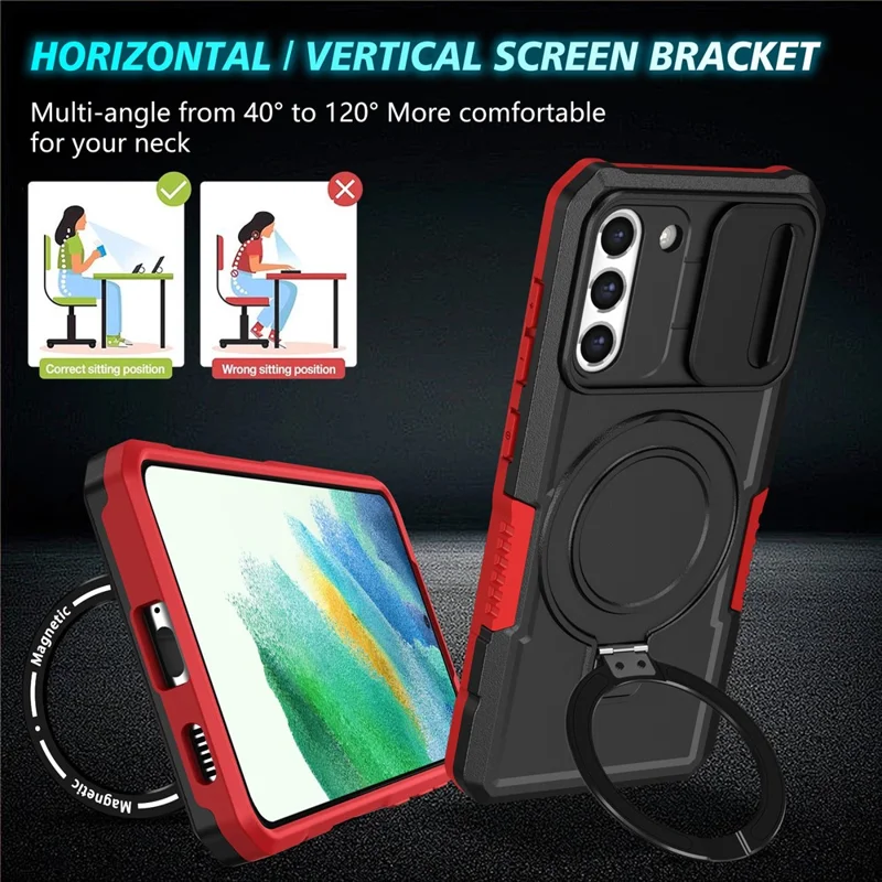 For Samsung Galaxy S21 FE 5G Case PC+TPU Magnetic Phone Shell with Slide Camera Cover - Red  /  Black